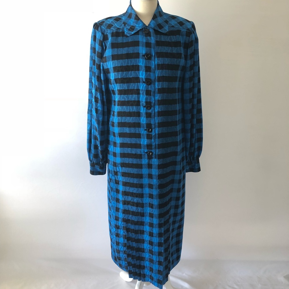 VTG DRESS BARON PETERS SHIRT 100% SILK CHECK BLUE EUC